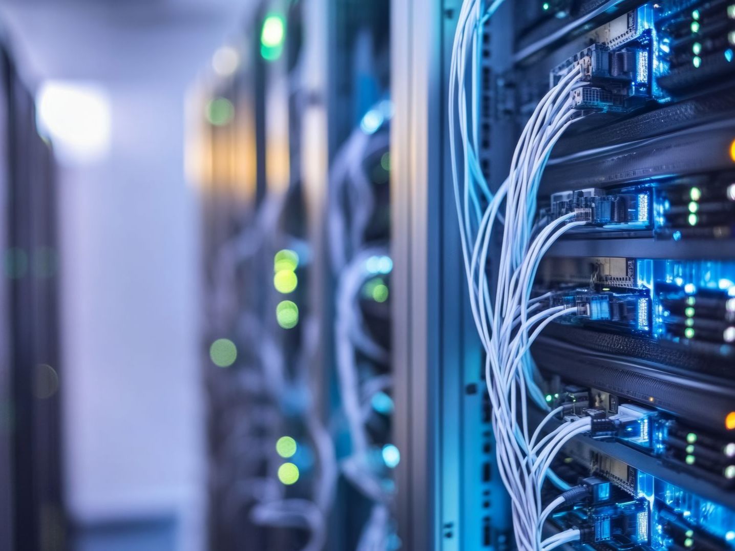 Salle des serveurs avec des rangées de serveurs informatiques en réseau.