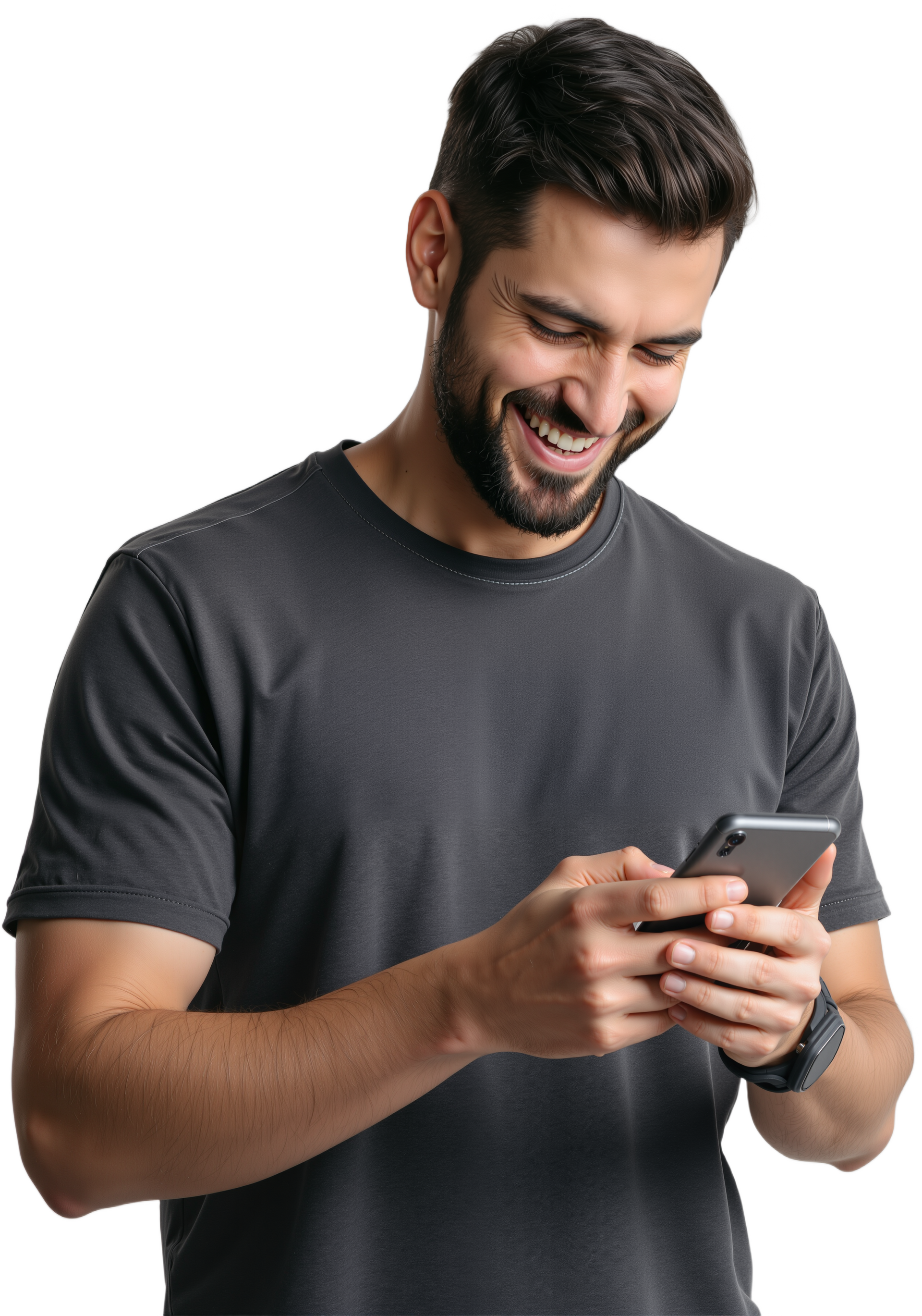 Un homme souriant qui regarde son téléphone, vêtu d'un t-shirt gris foncé.