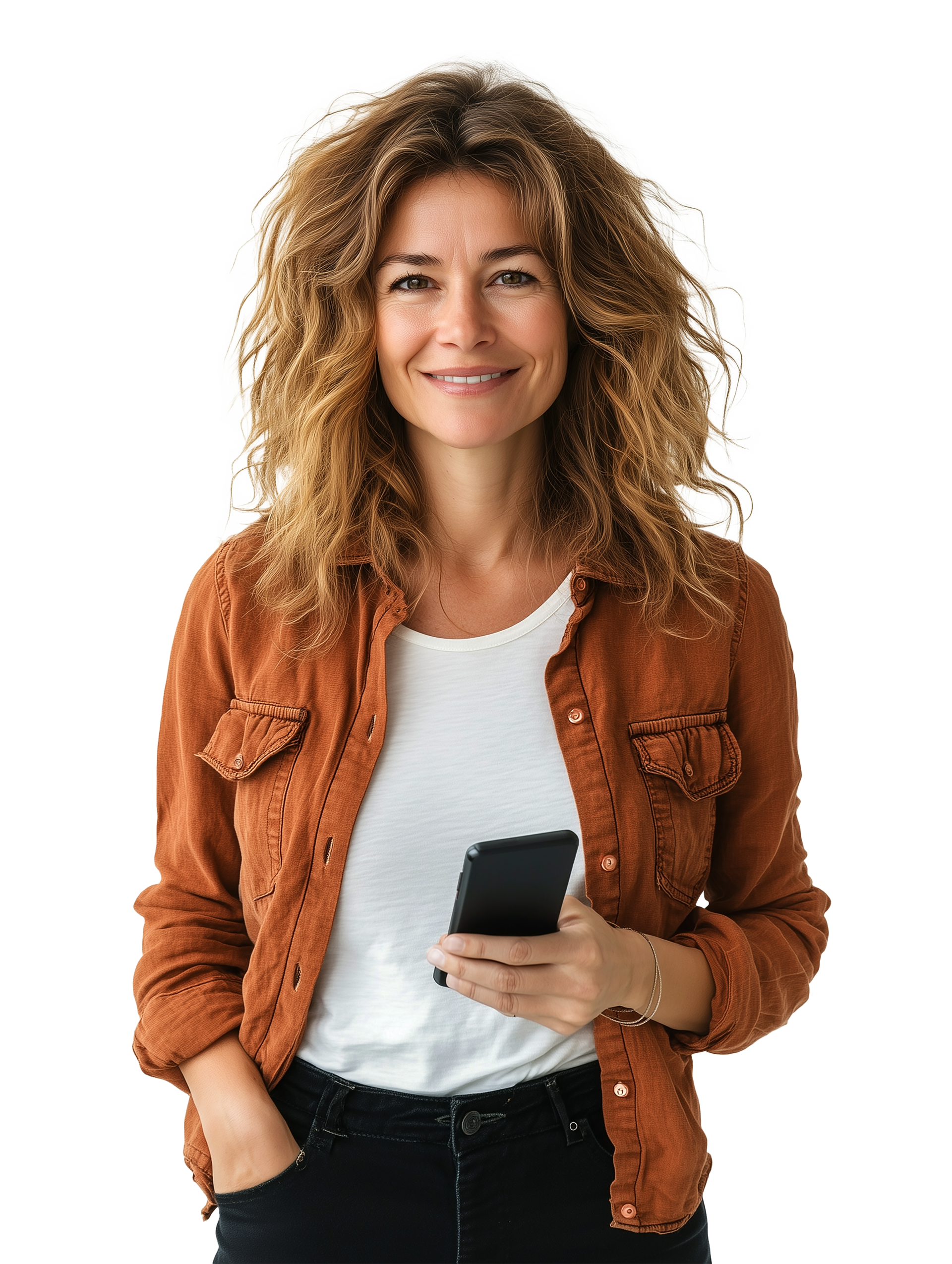 Femme souriante, tenant un téléphone, portant une veste orange.