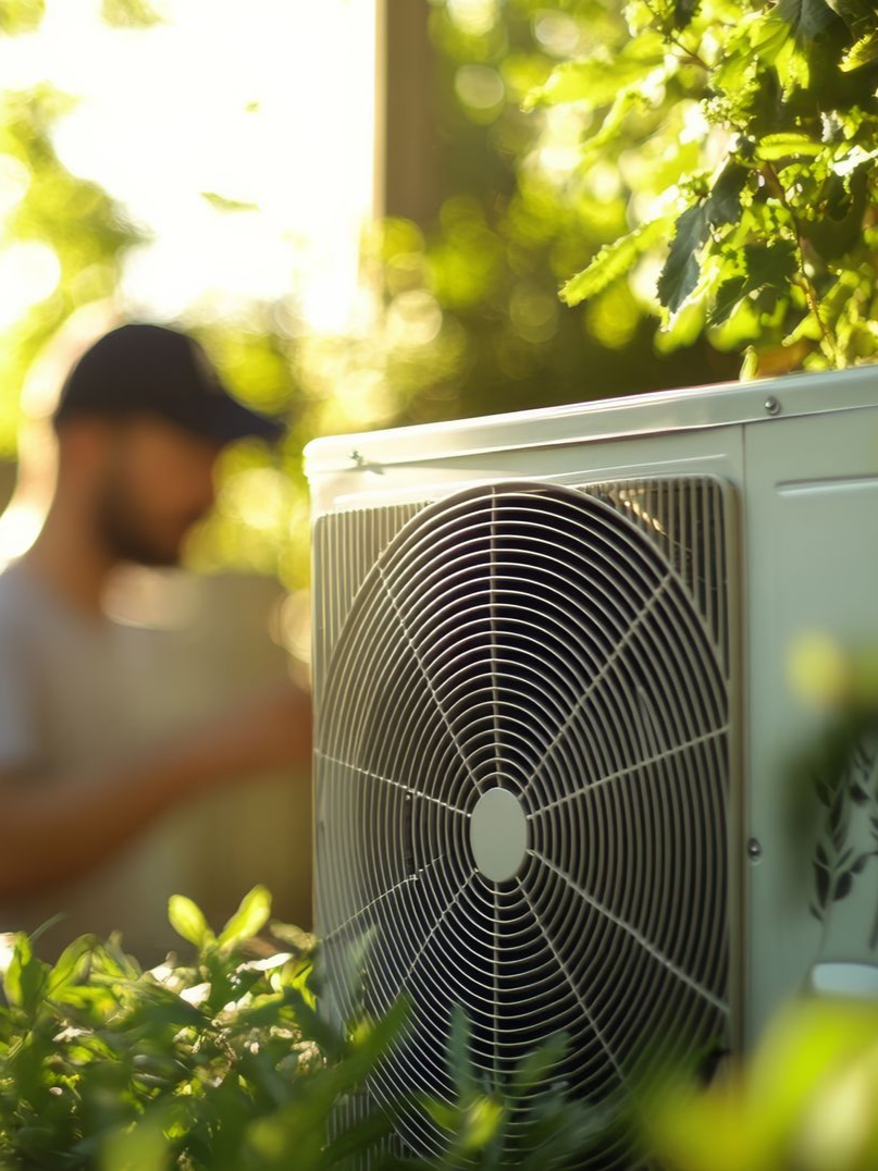 Unité de climatisation extérieure avec une personne floutée en arrière-plan, entourée de feuillage vert.
