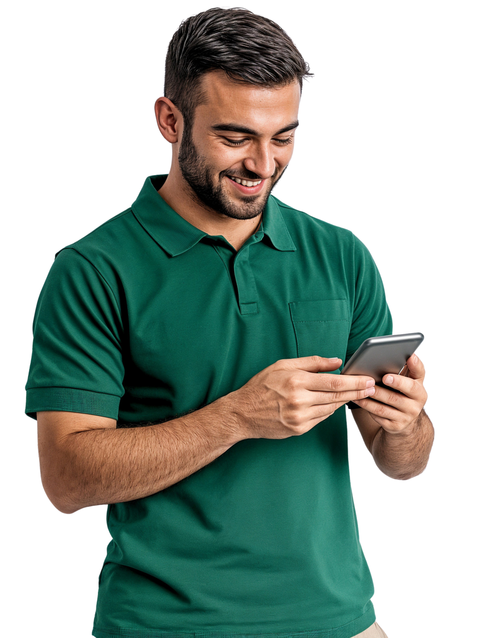 Un homme en polo vert sourit à son téléphone.