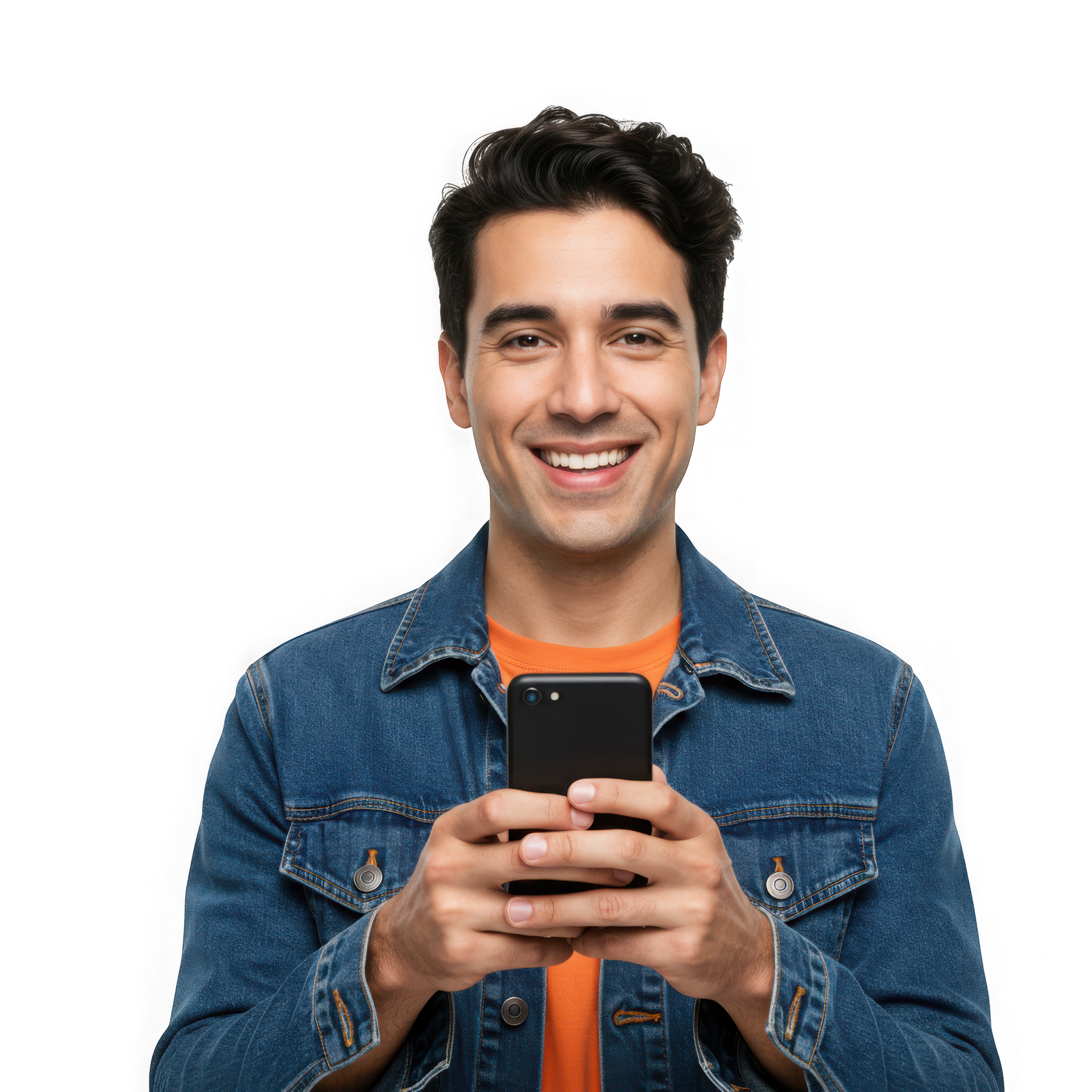 Homme tenant un smartphone, souriant, portant une veste en jean et une chemise orange.