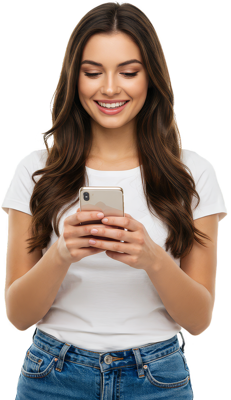 Une femme sur son téléphone avec un t-shirt blanc.