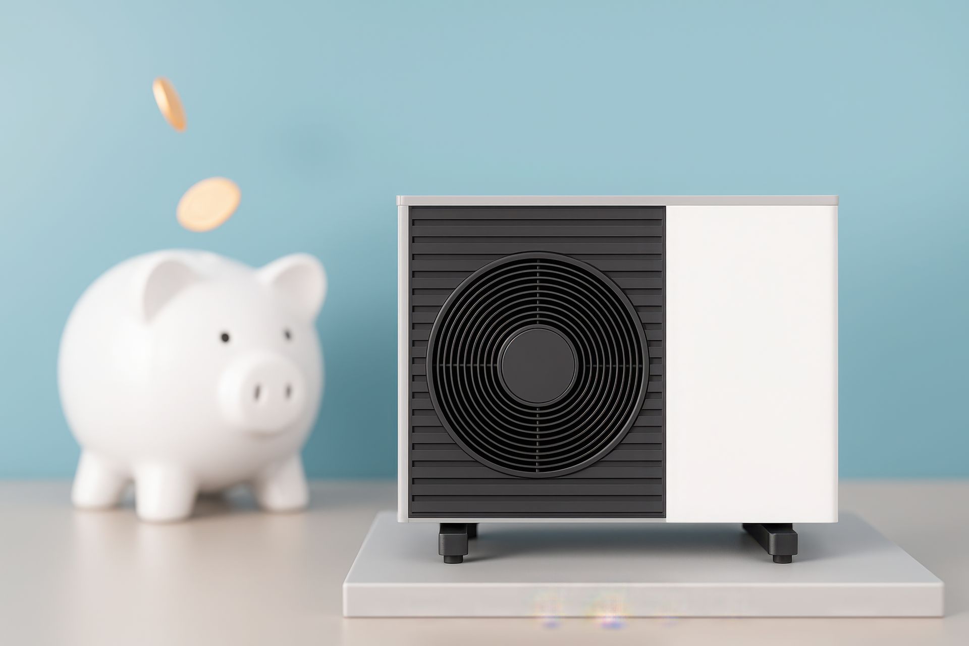 Une unité extérieure de pompe à chaleur, à côté d'une tirelire en forme de cochon.