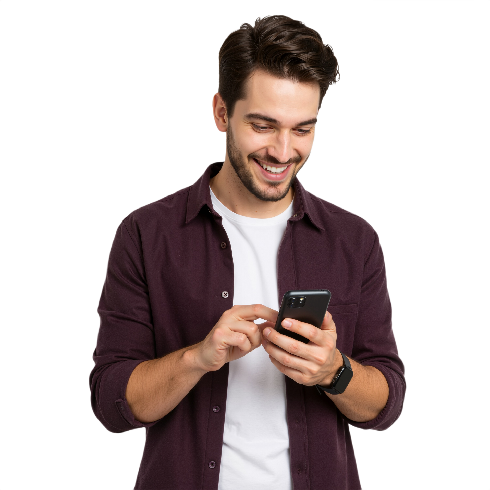Un homme souriant, regardant son smartphone, porte une chemise bordeaux sur un t-shirt blanc.