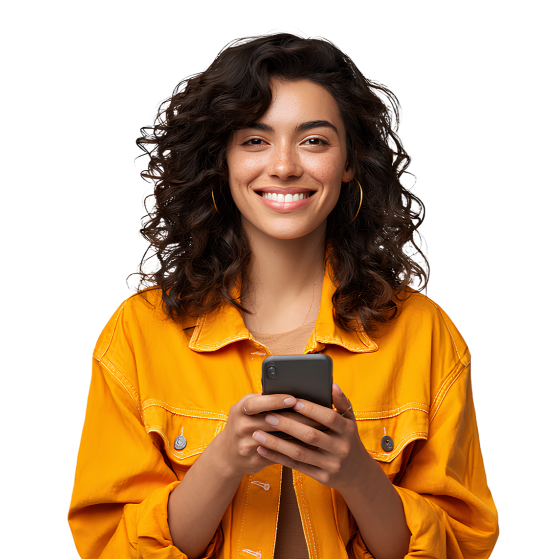 Une femme souriante qui consulte son smartphone, habillée d'une chemise orange.