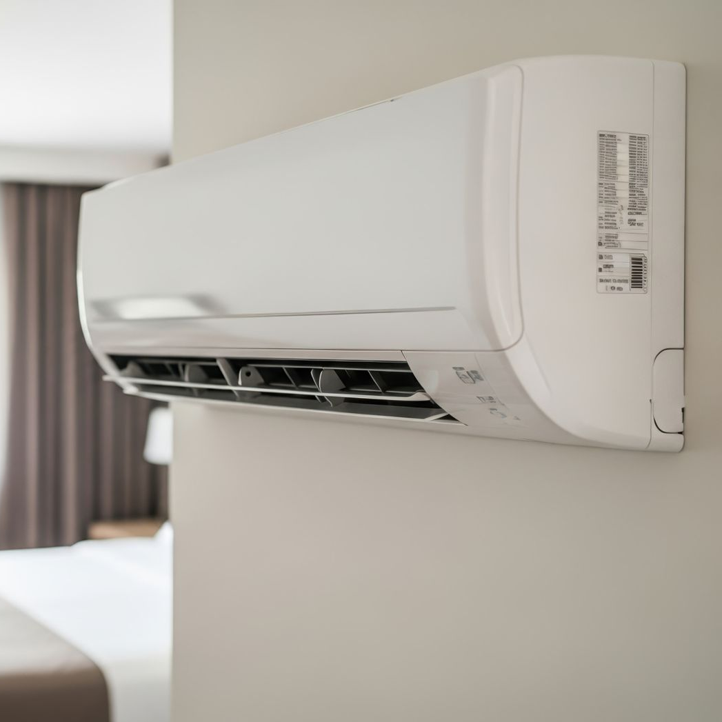 Un climatiseur mural blanc suspendu à un mur dans une pièce.