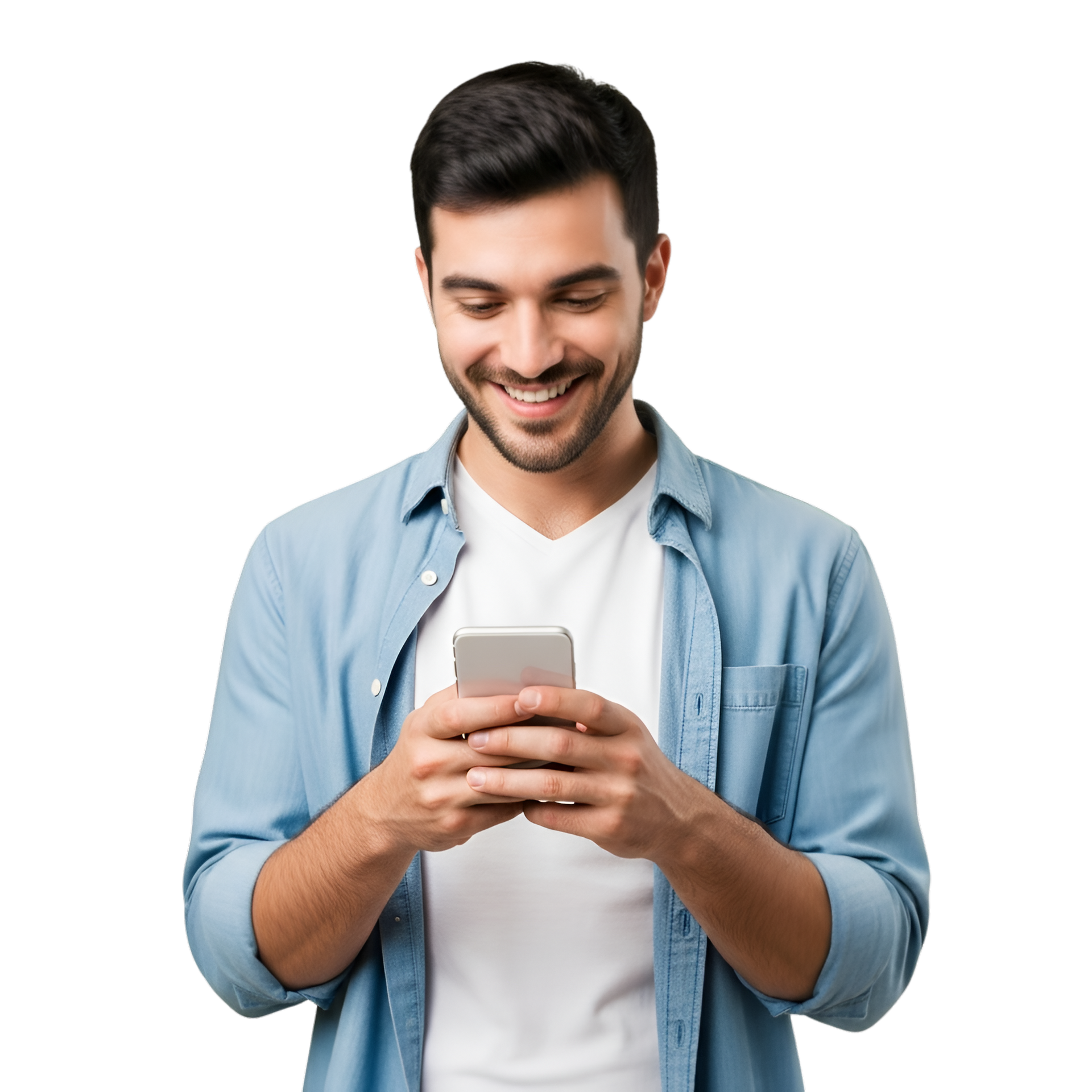 Un homme sourit en regardant un smartphone qu'il tient dans ses mains.