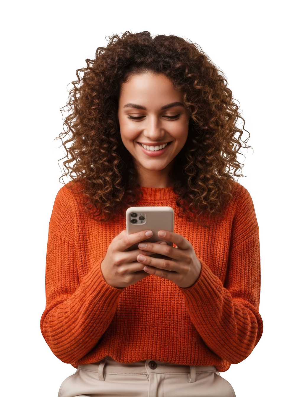 Femme souriante, regardant son téléphone, portant un pull orange.