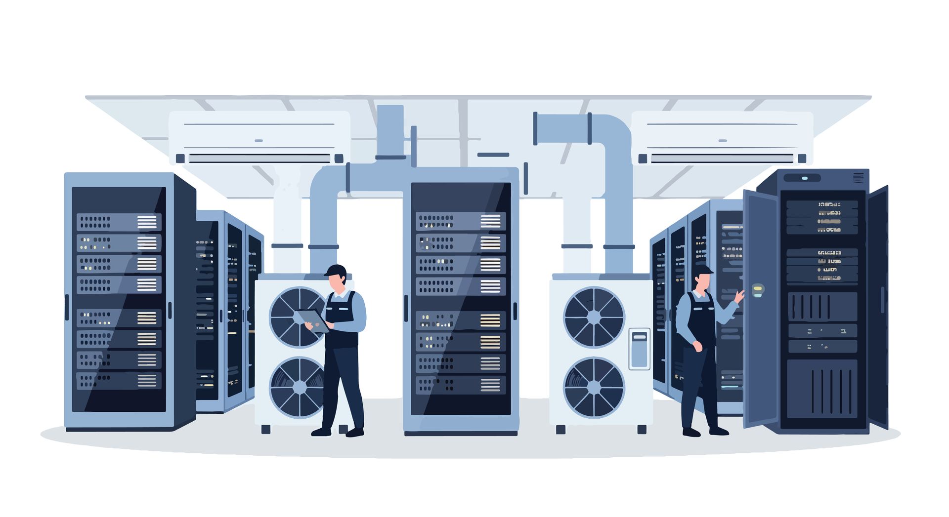 Illustration de techniciens dans une salle serveurs informatiques.