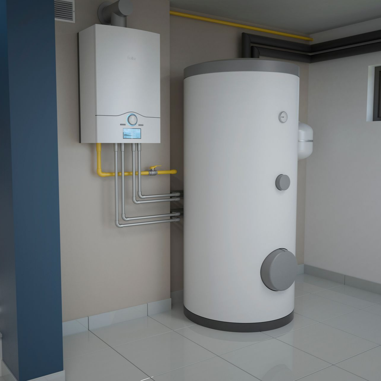 Illustration en 3D d'un chauffe-eau thermodynamique relié à une chaudière.