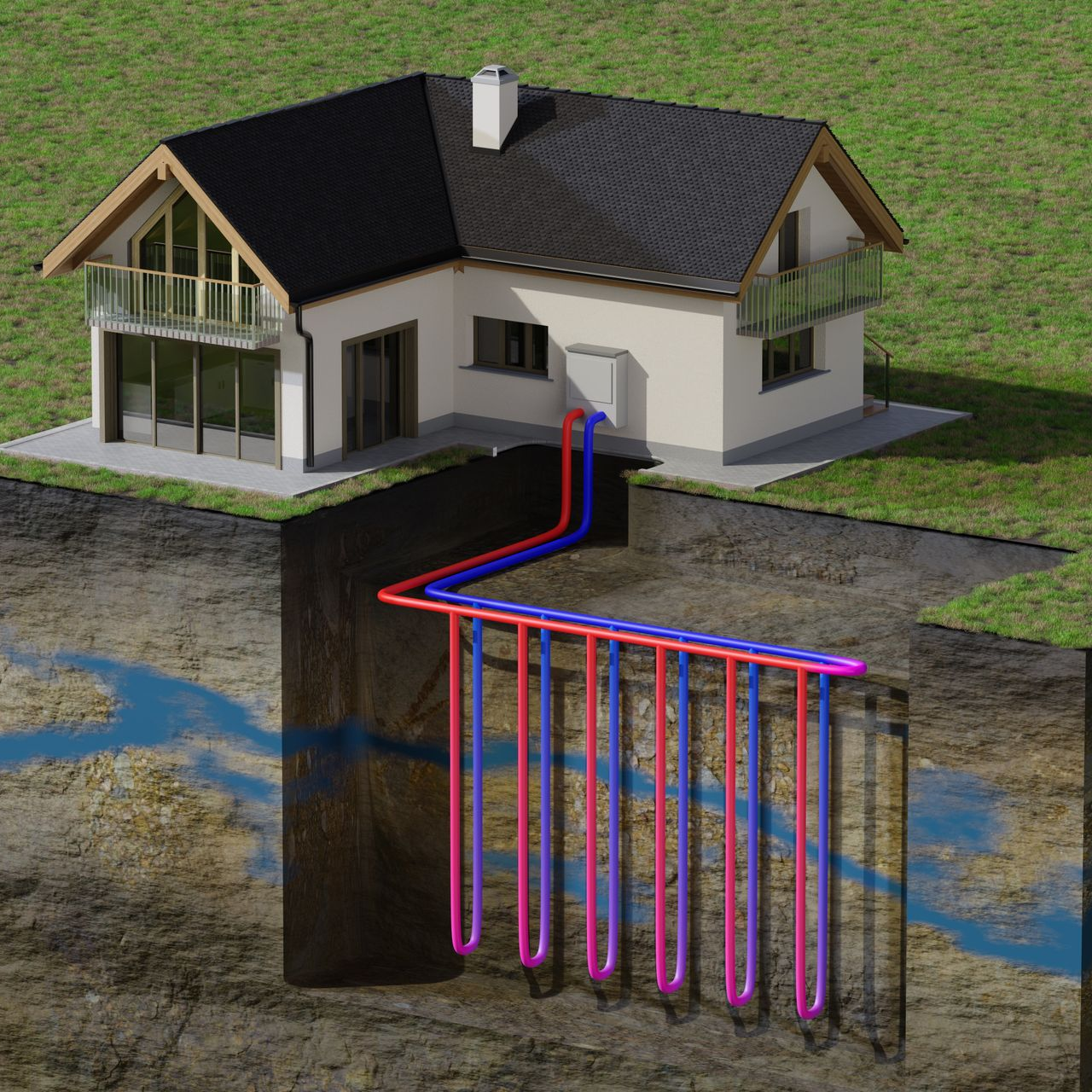 Schéma d'une maison équipée d'un système de chauffage géothermique.