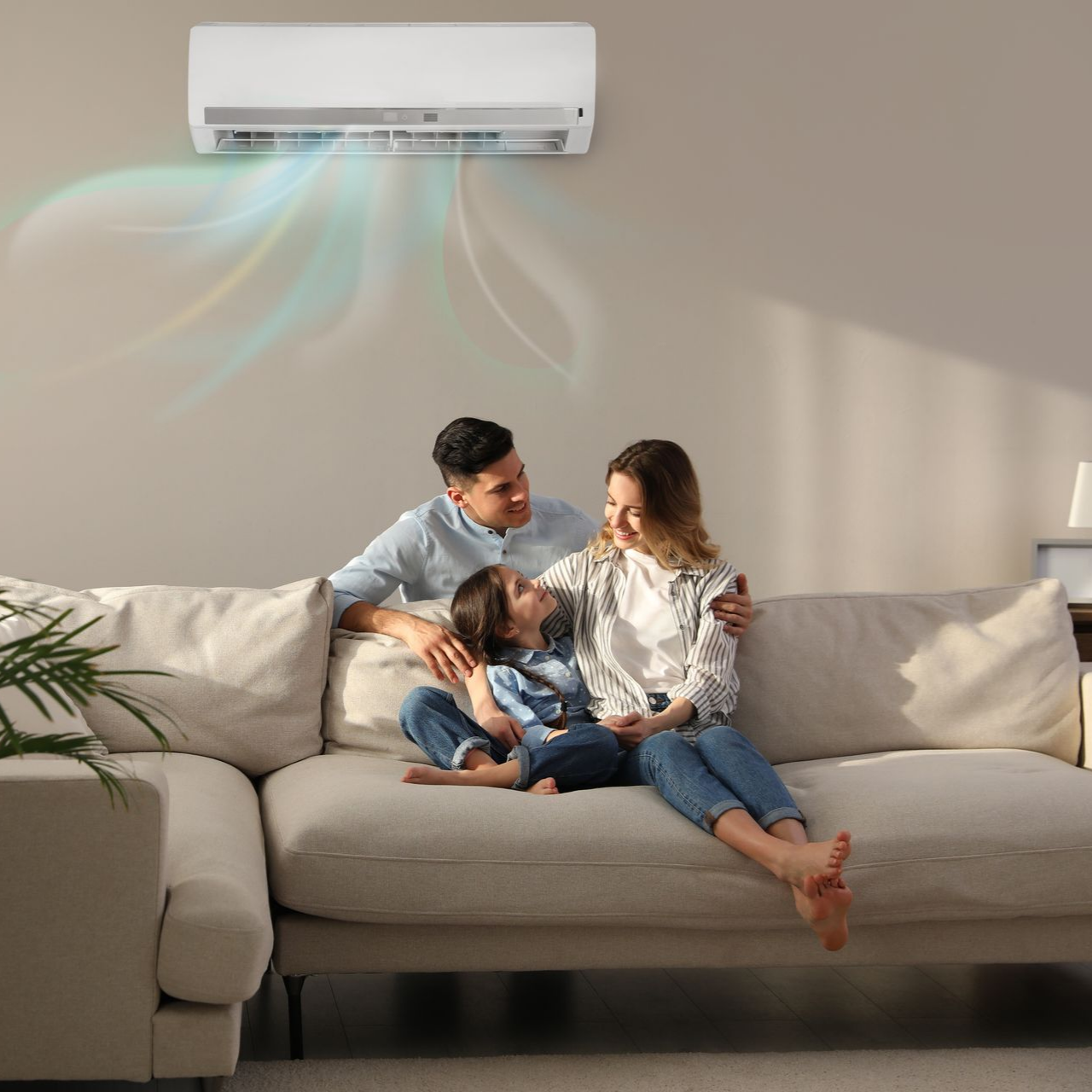Une famille assise sur un canapé sous un climatiseur qui souffle de l'air frais.
