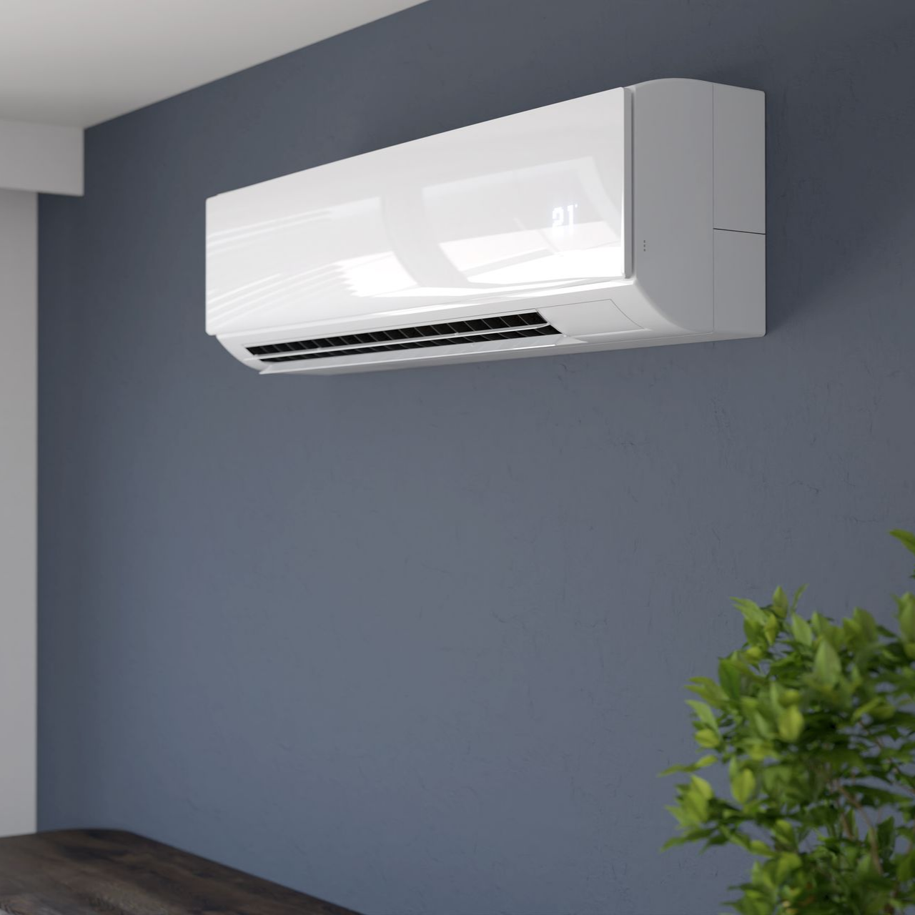 Climatiseur mural blanc sur un mur gris.