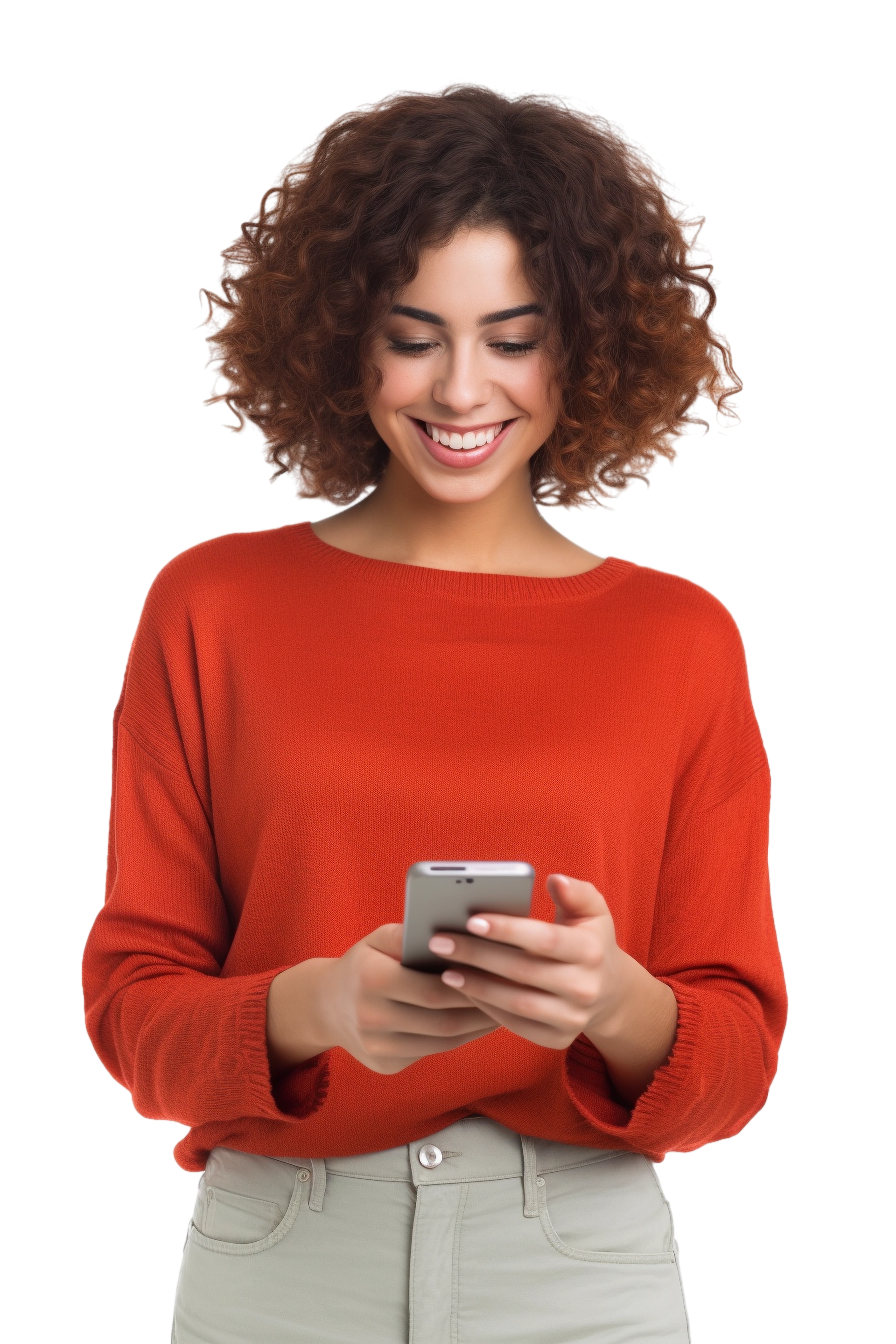 Femme souriante, regardant son téléphone, habillée d'un pull rouge.