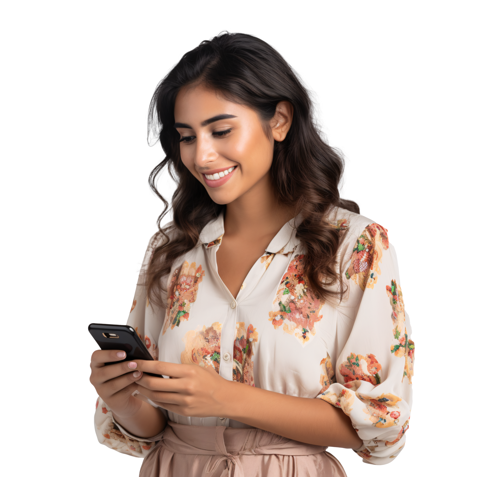 Une femme souriante qui consulte son smartphone, habillée d'un chemisier à fleurs.