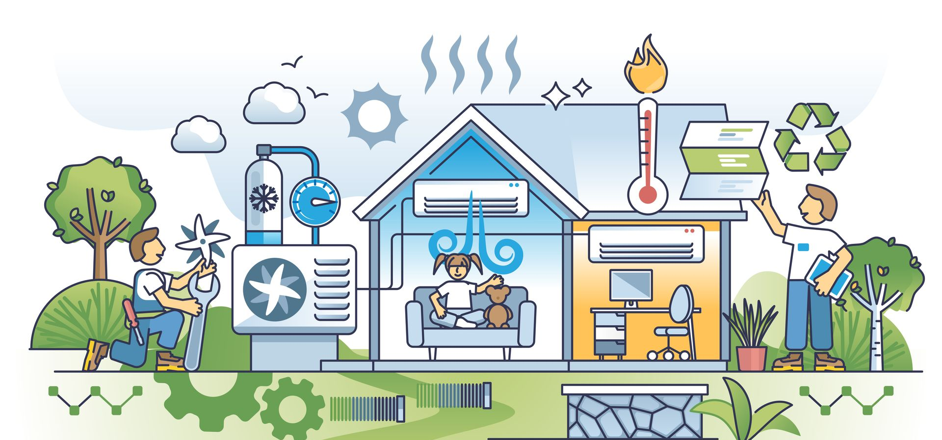 Illustration des systèmes de chauffage, de ventilation et de climatisation dans une maison.