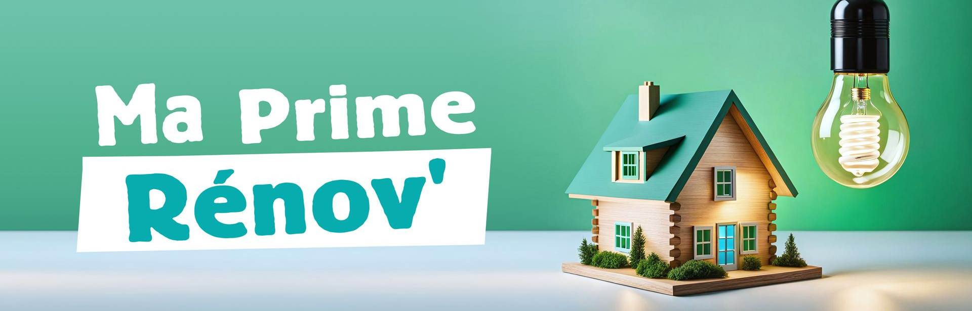 Mention de MaPrimeRénov' avec une petite maison et une ampoule allumée, sur fond vert.