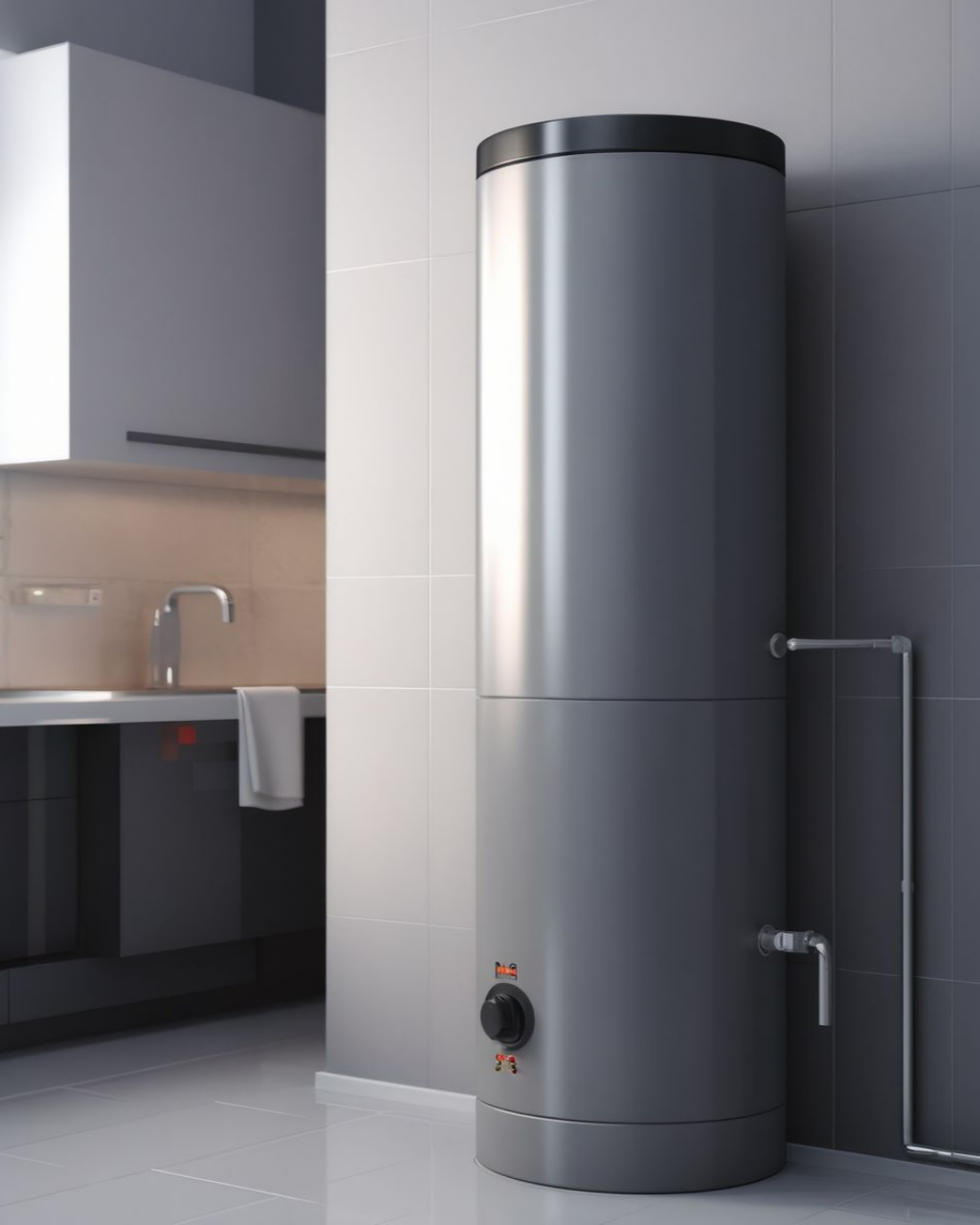 Illustration en 3D d'un chauffe-eau thermodynamique dans une salle de bains.