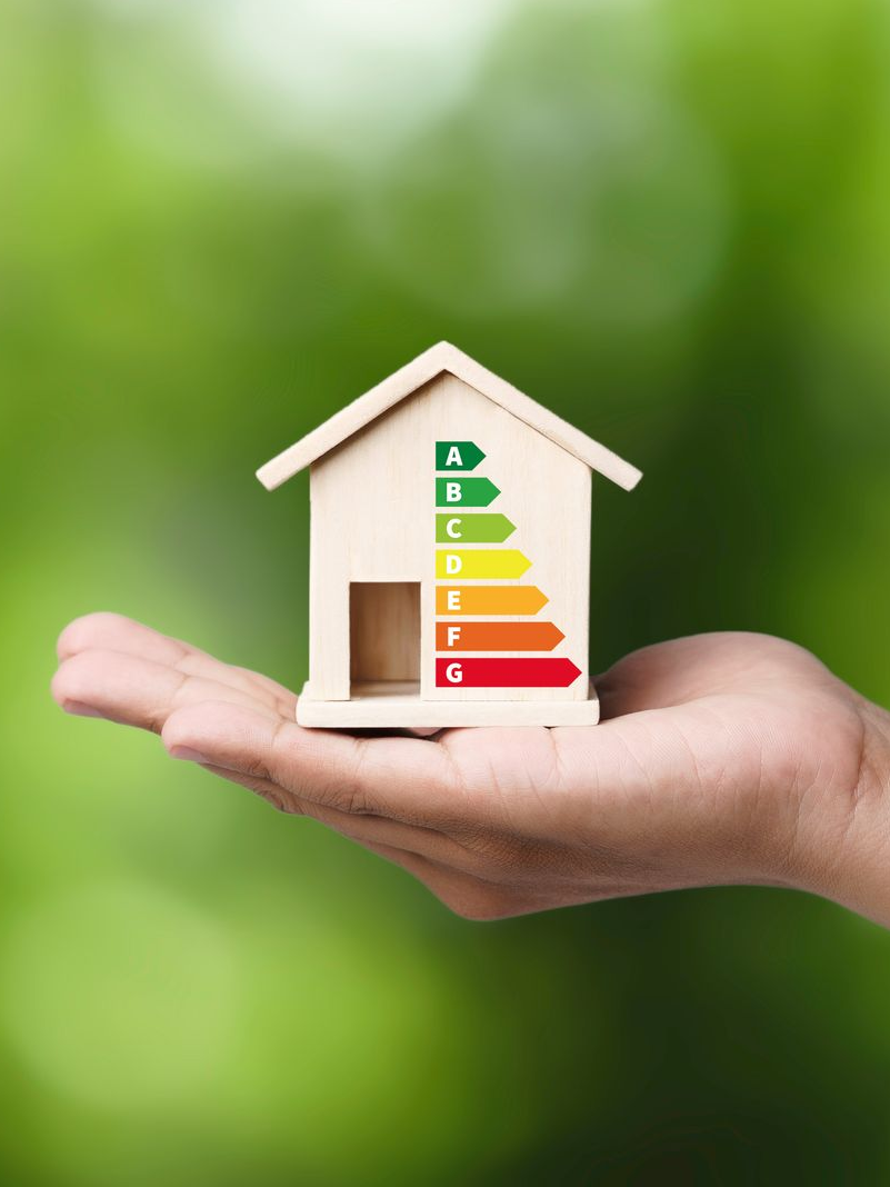 Une main tenant une maison miniature avec un schéma de classe énergétique.