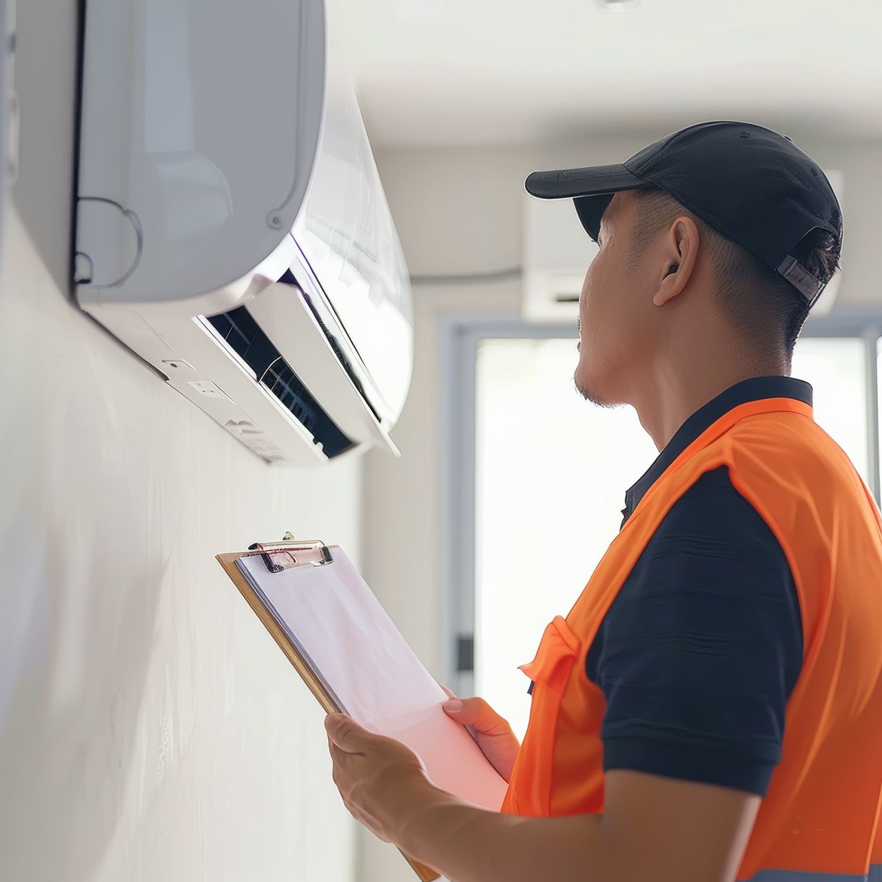 Un homme en gilet orange munit d'un bloc-notes inspecte un climatiseur.