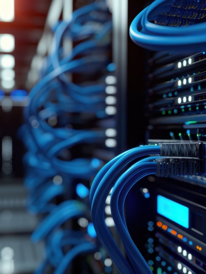 Des câbles réseau sont connectés à des serveurs informatiques.