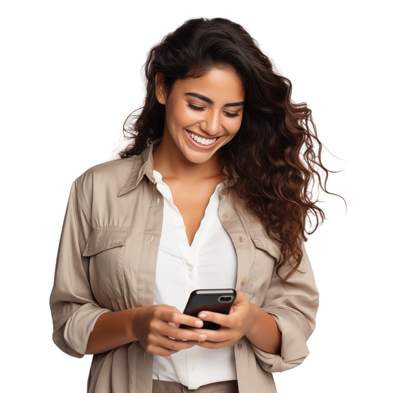Une femme aux cheveux bouclés sourit en regardant son smartphone.
