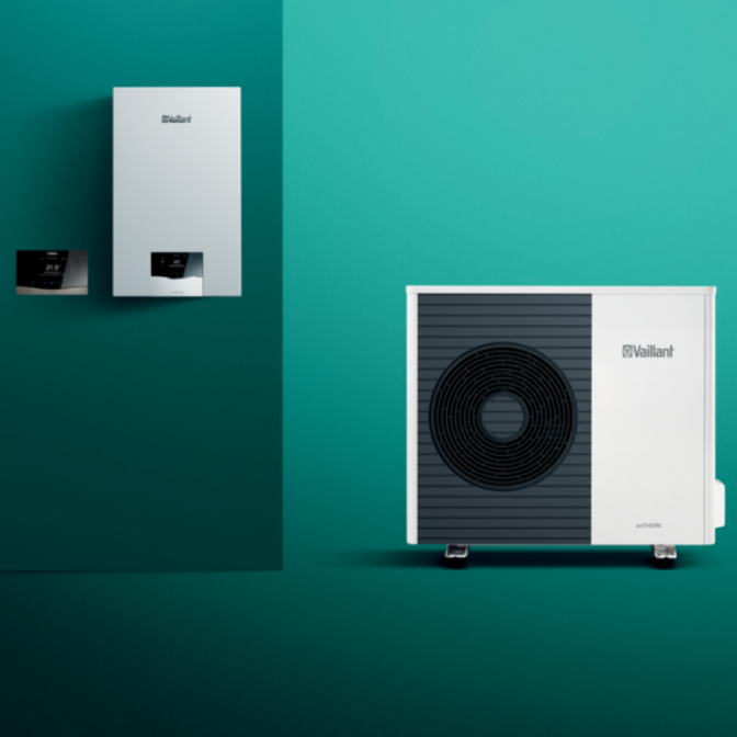 Unité d'une pompe à chaleur hybride avec une chaudière.