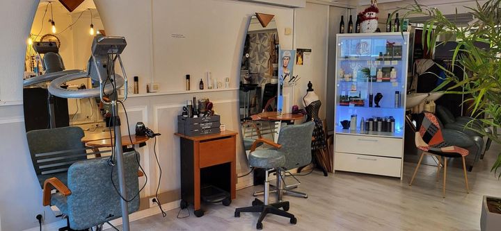Salon lumineux avec fauteuils, miroirs, postes de coiffure, étagères et une grande plante sur la droite.
