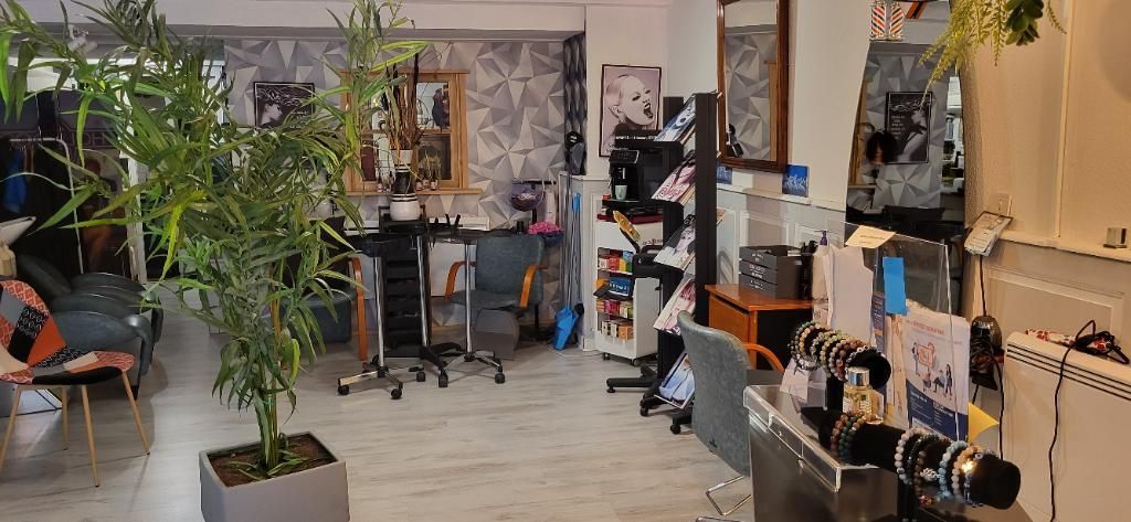 Intérieur de salon élégant avec plantes, chaises, miroirs et étagères de produits capillaires.