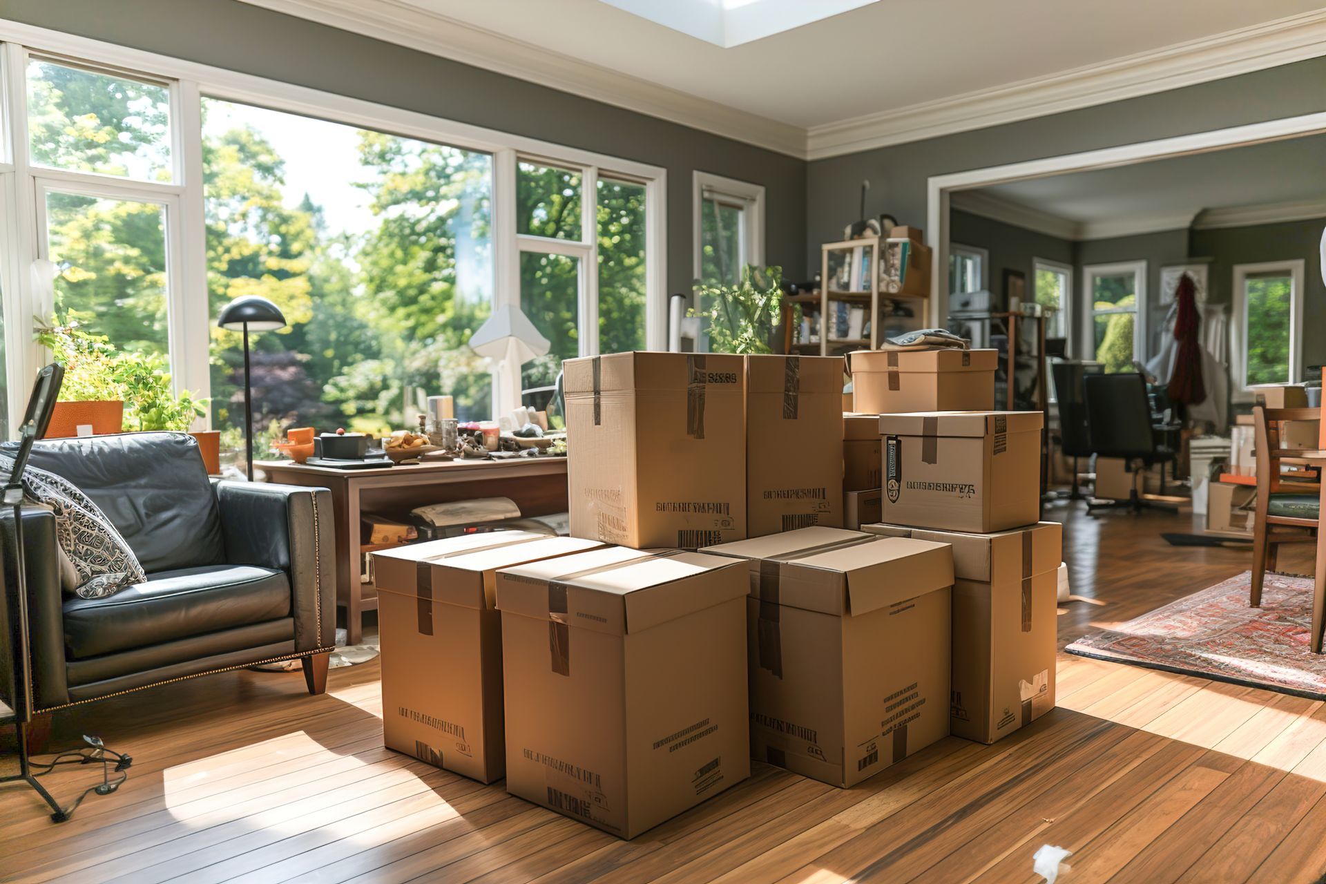 Des cartons sont rassemblés au milieu d'une pièce
