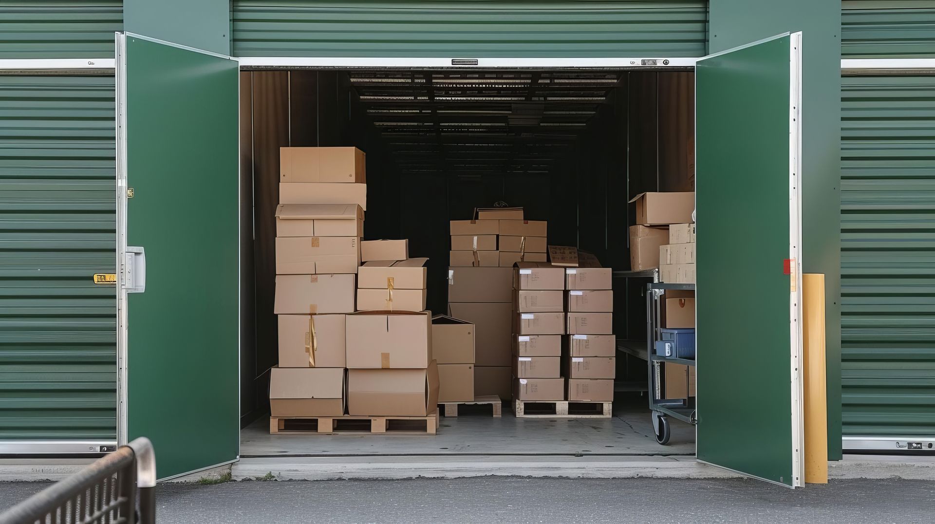 Un box de stockage est ouvert et rempli de cartons empilés