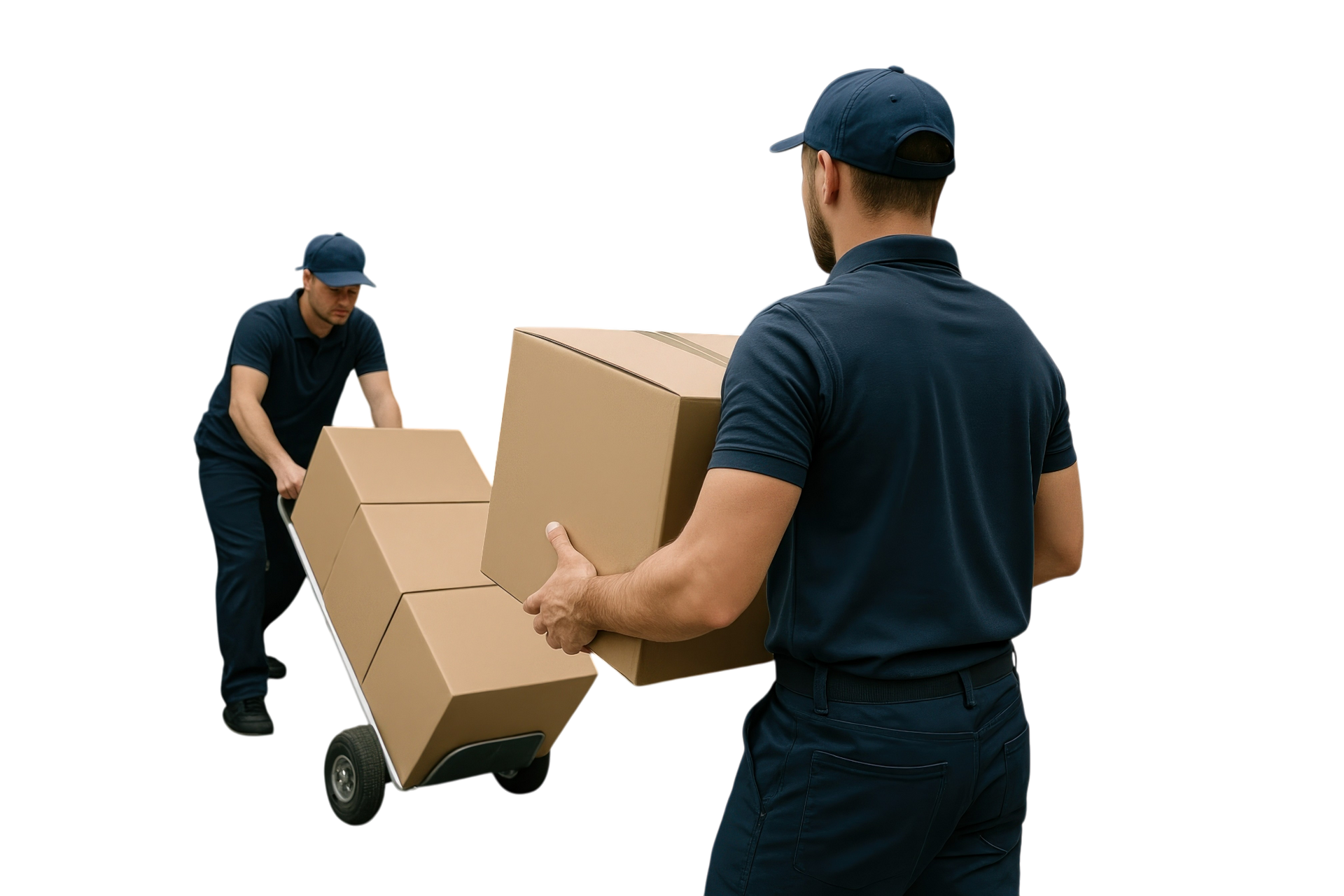 2 hommes transportent des cartons sur un chariot