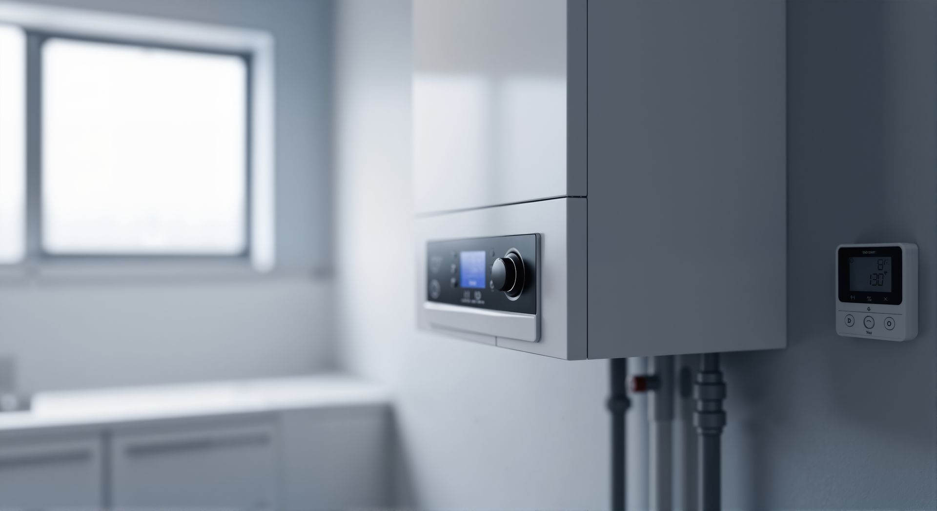 Chaudière à gaz blanche murale avec affichage numérique et bouton de commande, installée sur un mur gris dans une buanderie lumineuse.