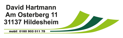 Logo von David Hartmann in Hildesheim, mit einem grün-weißen Gestaltungselement. Telefonnummer angegeben.