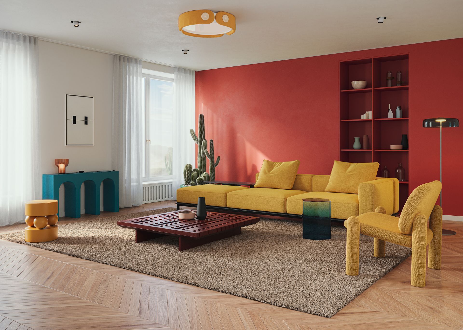 Salon moderne avec canapé jaune moutarde, mur d'accent rouge, meuble bleu canard et tapis beige