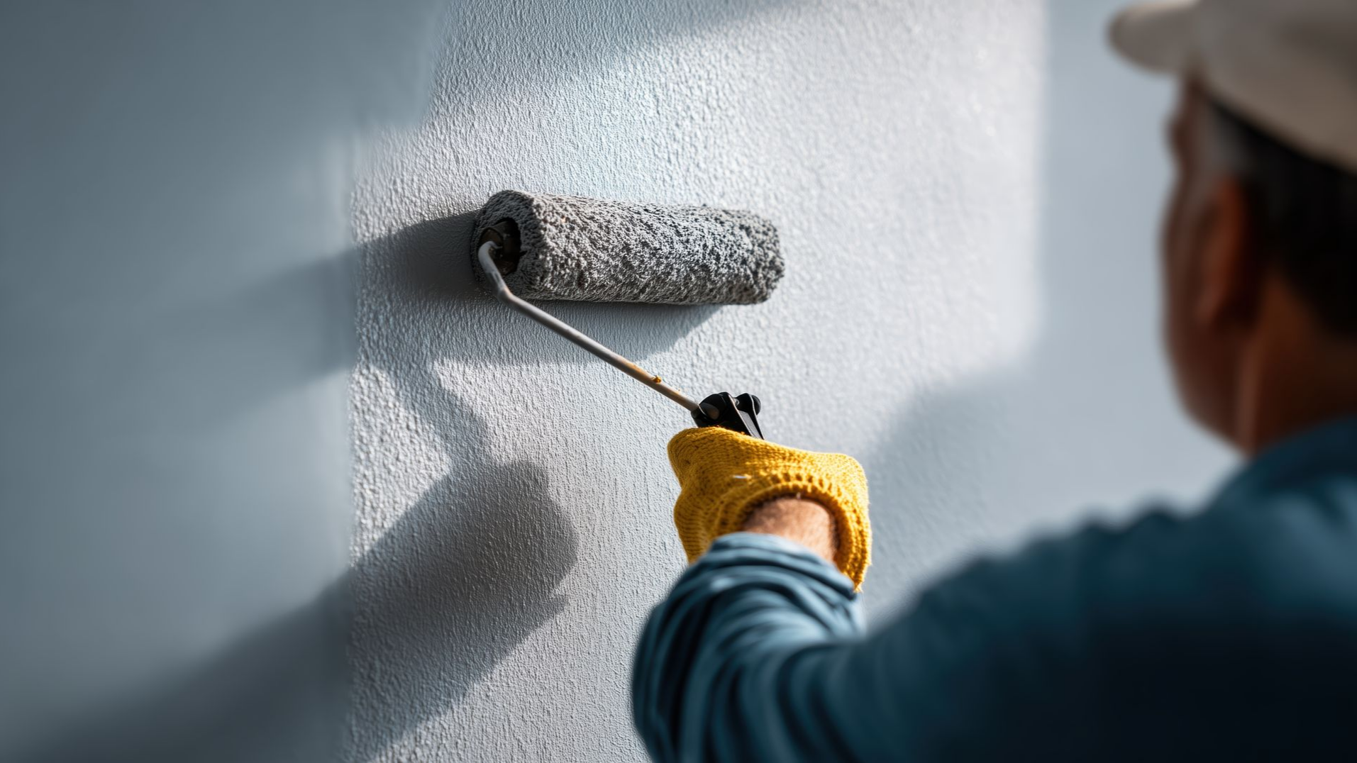 Une personne portant un gant jaune applique de la peinture grise au rouleau sur un mur.