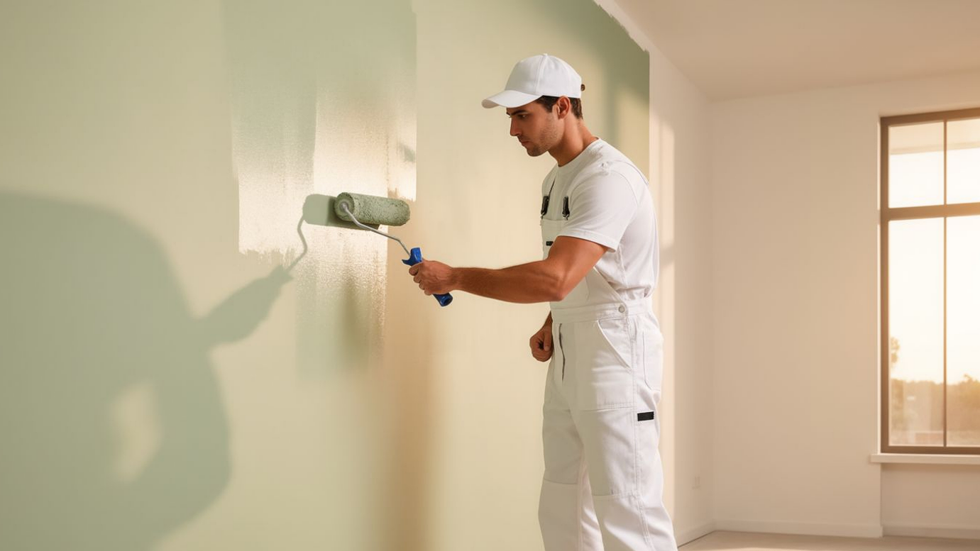 Un peintre en uniforme blanc applique de la peinture vert clair sur le mur d'une pièce lumineuse.