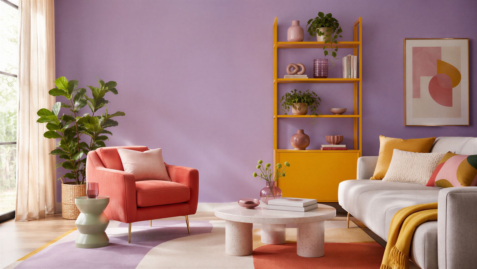 Salon moderne aux tons pastel avec fauteuil rose, canapé beige, étagère, plantes et art mural abstrait