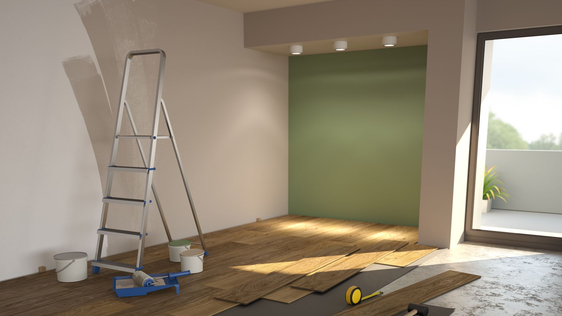 Pièce intérieure en cours de rénovation avec échelle, outils et un mur d'accent vert.