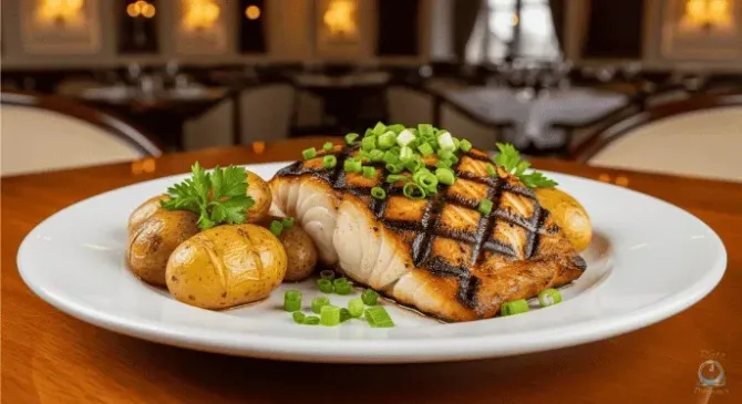 Pescado a la parrilla con marcas de la parrilla, patatas y hierbas en un plato blanco en un ambiente de restaurante.