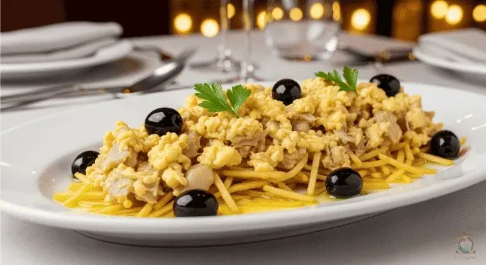 Plato de espaguetis con atún, aceitunas negras y perejil sobre un mantel blanco.