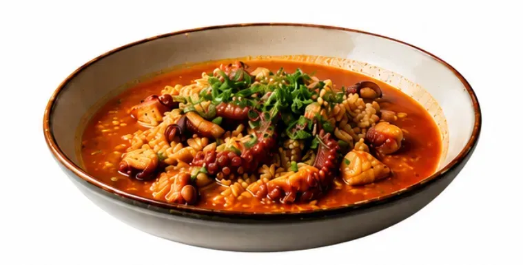 Bol de estofado rojo cubierto con hierbas picadas y frijoles.