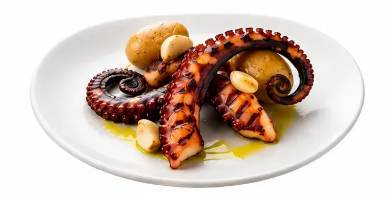 Tentáculos de pulpo a la parrilla en un plato blanco con patatas asadas y guarnición de aceite de oliva.