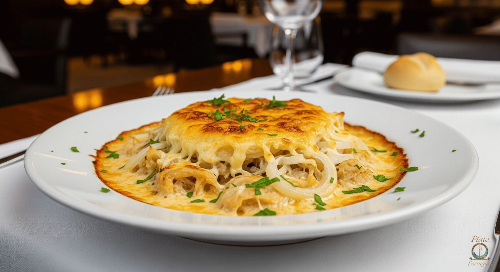 Plato de pasta cremosa emplatado y cubierto con hierbas sobre una mesa blanca en un restaurante.