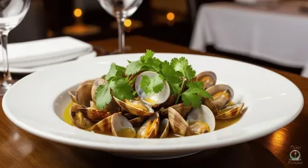 Bol humeante de almejas adornado con hierbas en un plato blanco en un entorno de restaurante.