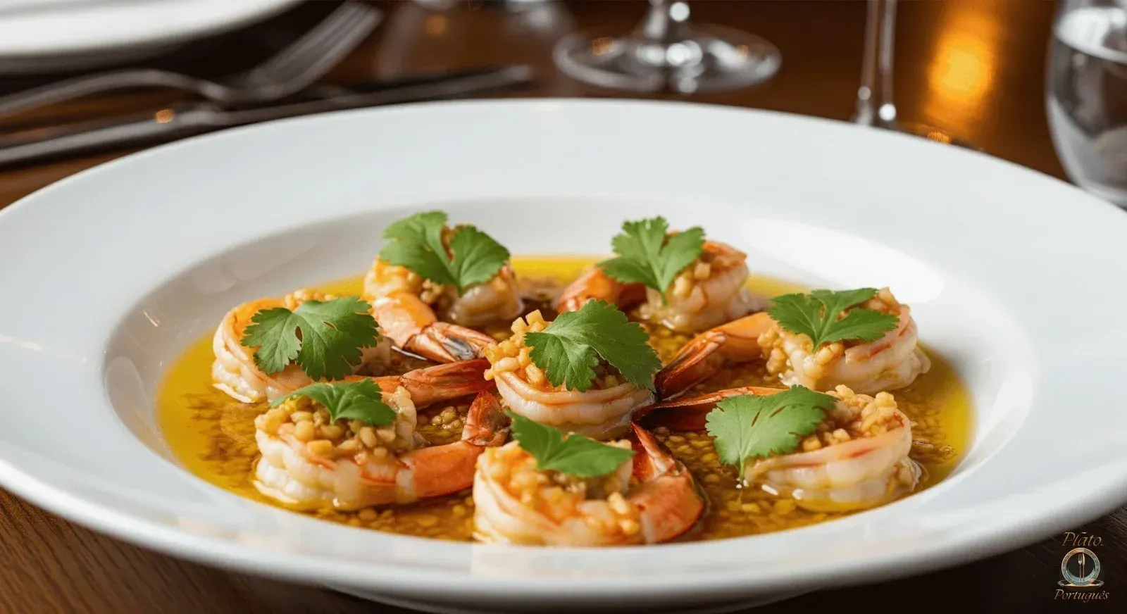 Aperitivo de camarones emplatados con guarnición de cilantro en salsa de naranja sobre un plato blanco.