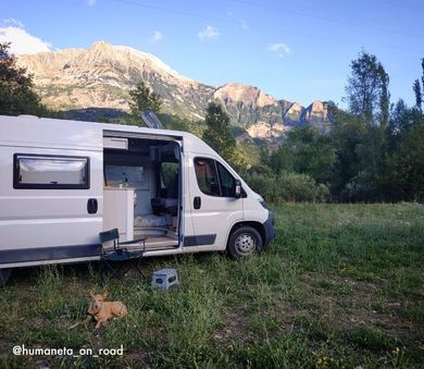 Furgoneta camper blanca aparcada en un campo con una montaña de fondo; un perro descansa cerca.
