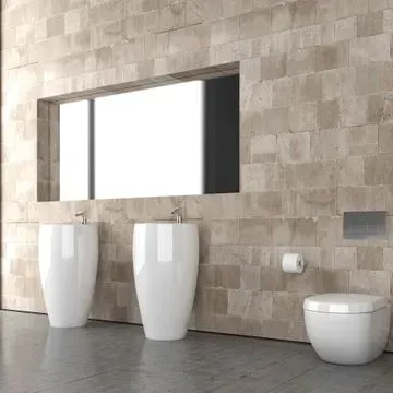 Pratissoli & Co. Umbauten - ein modernes Badezimmer mit brauner Steinwand, Badezimmerspiegel und zwei weissen Spülbecken