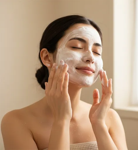 Frau mit geschlossenen Augen trägt Gesichtscreme auf. Creme in Cremeweiß auf Gesicht und Händen.